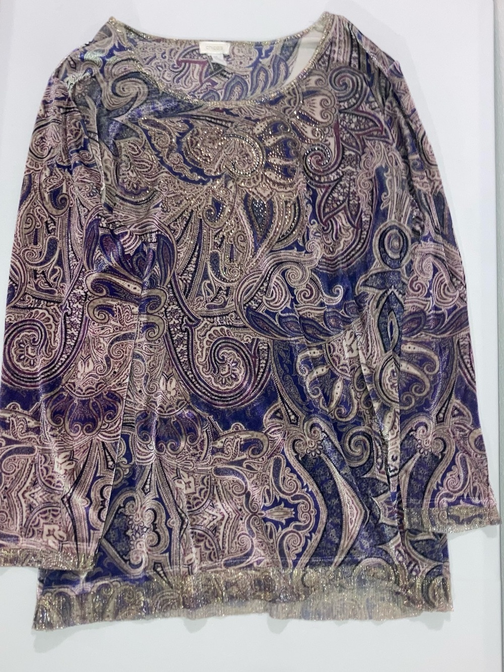 Chico's Size 3 Velvet Paisley Metallic Trim Rhinestone Beaded Long Sleeve Blouse